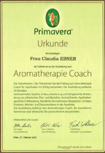 Zertifikat Aromatherapie von Claudia Ebner, Craft Energy