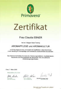 Zertifikat Aromapflege von Claudia Ebner, Craft Energy