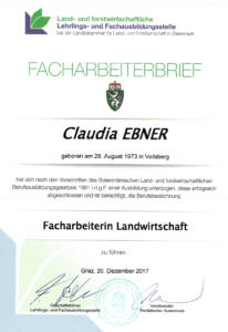 Zertifikat Facharbeiter Landwirtschaft von Claudia Ebner, Craft Energy