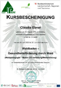 Zertifikat Waldbaden von Claudia Ebner, Craft Energy